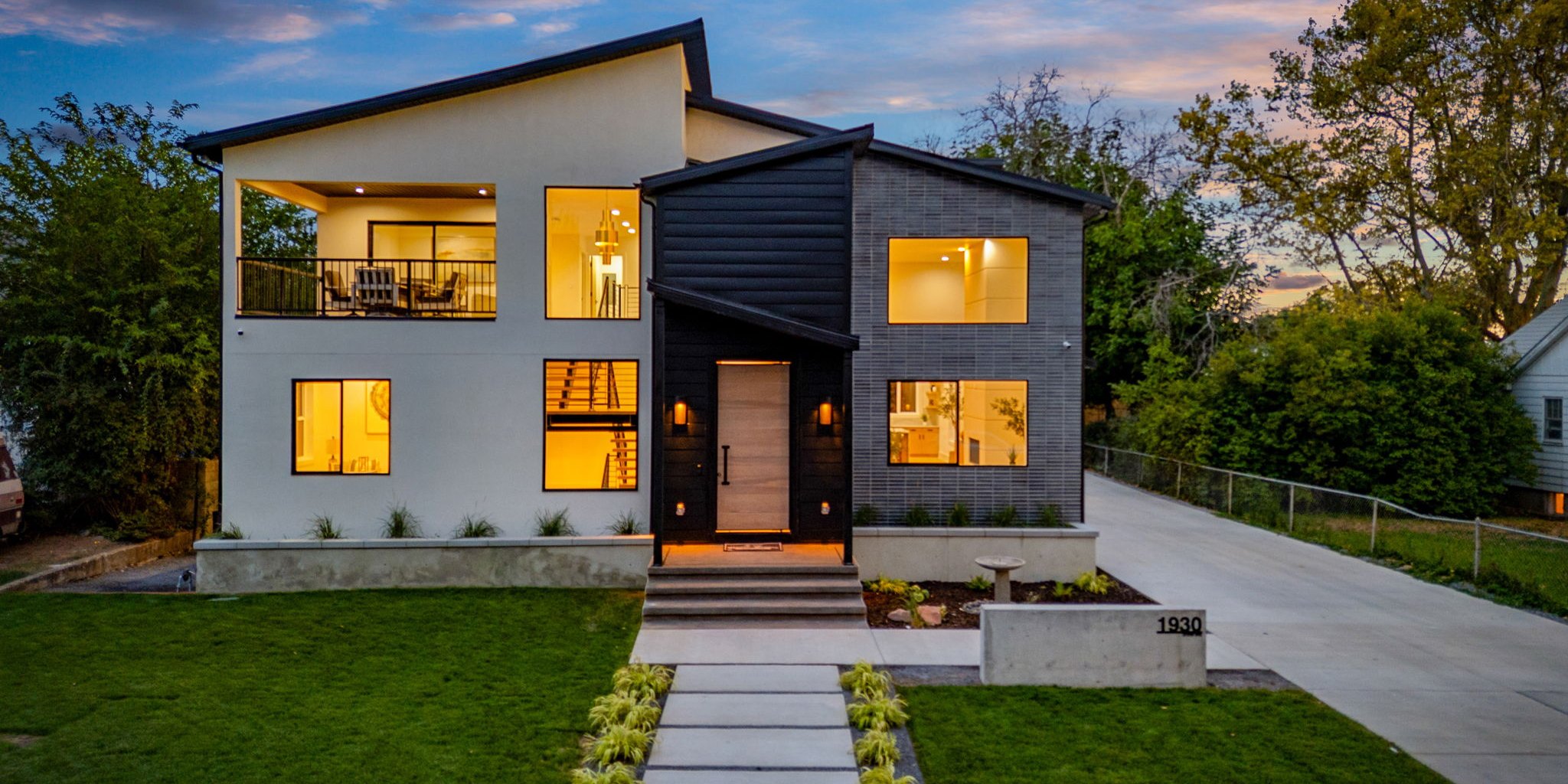 A modern Utah home at dusk